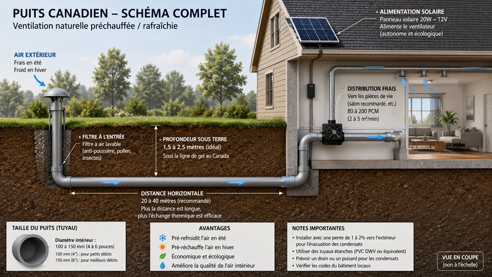 Full diagram of a Canadian well (earth-air heat exchanger): outdoor air intake, inlet filter, pipes buried 1.5-2.5m deep, solar-powered fan, cool air distribution throughout the house